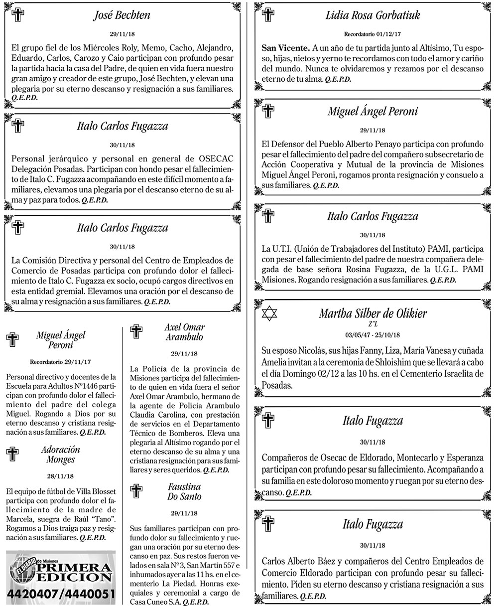 Fúnebres del sábado 1 de diciembre de 2018