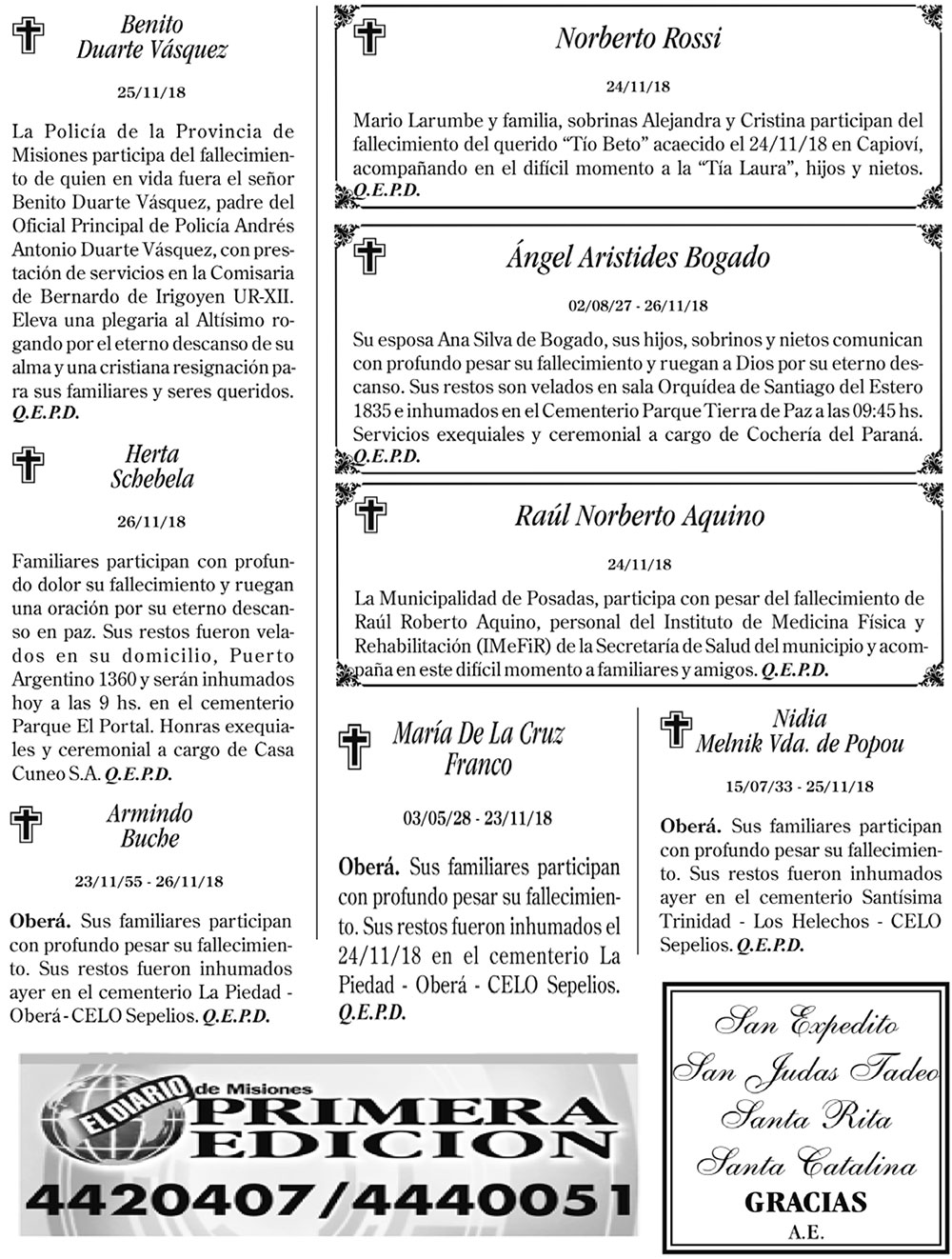 Fúnebres del martes 27 de noviembre de 2018