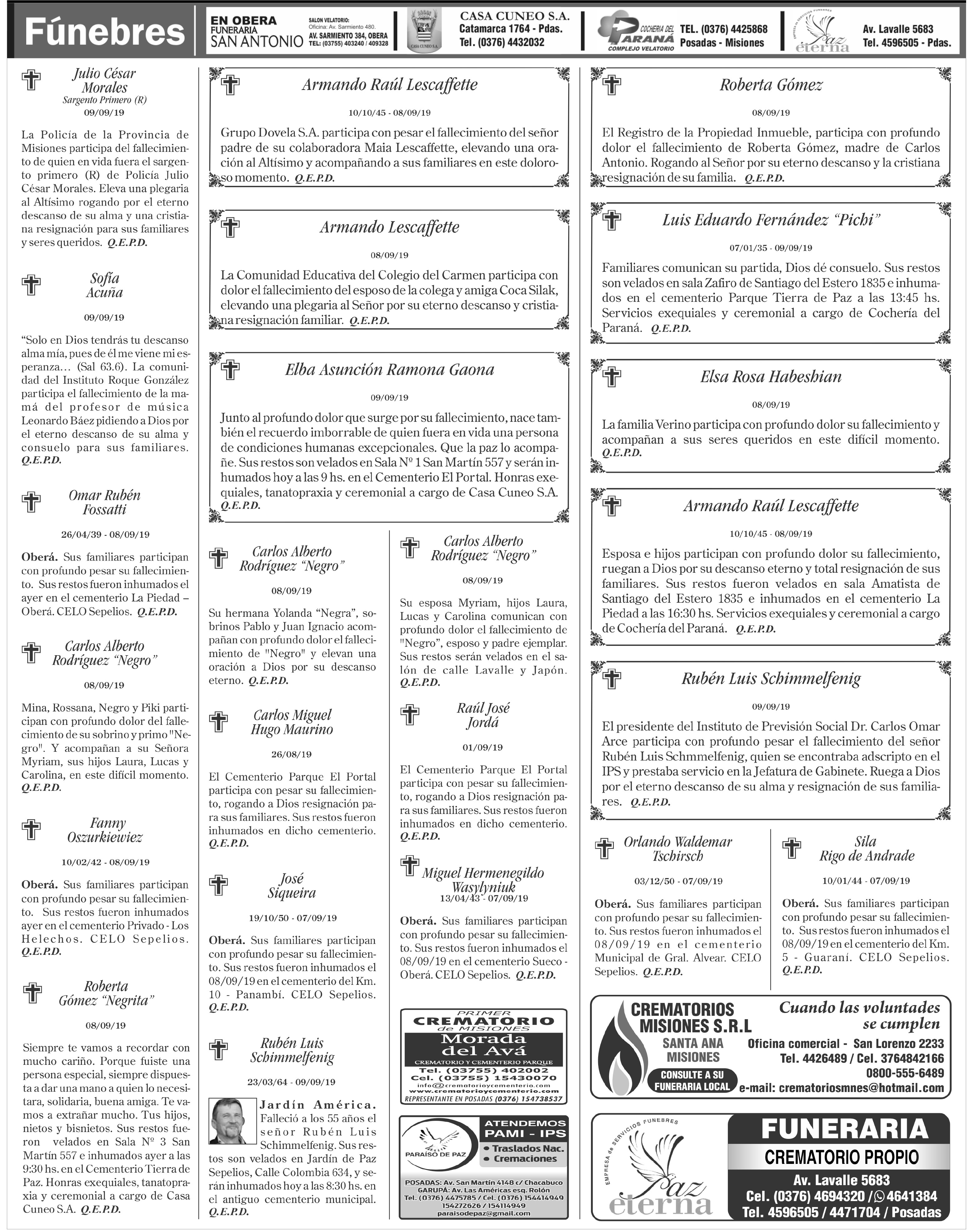 Fúnebres del martes 10 de septiembre de 2019