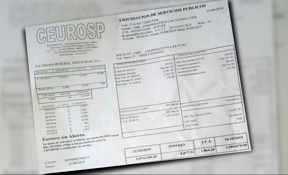 Cooperativa yerbatera recibió factura de energía por un millón de pesos