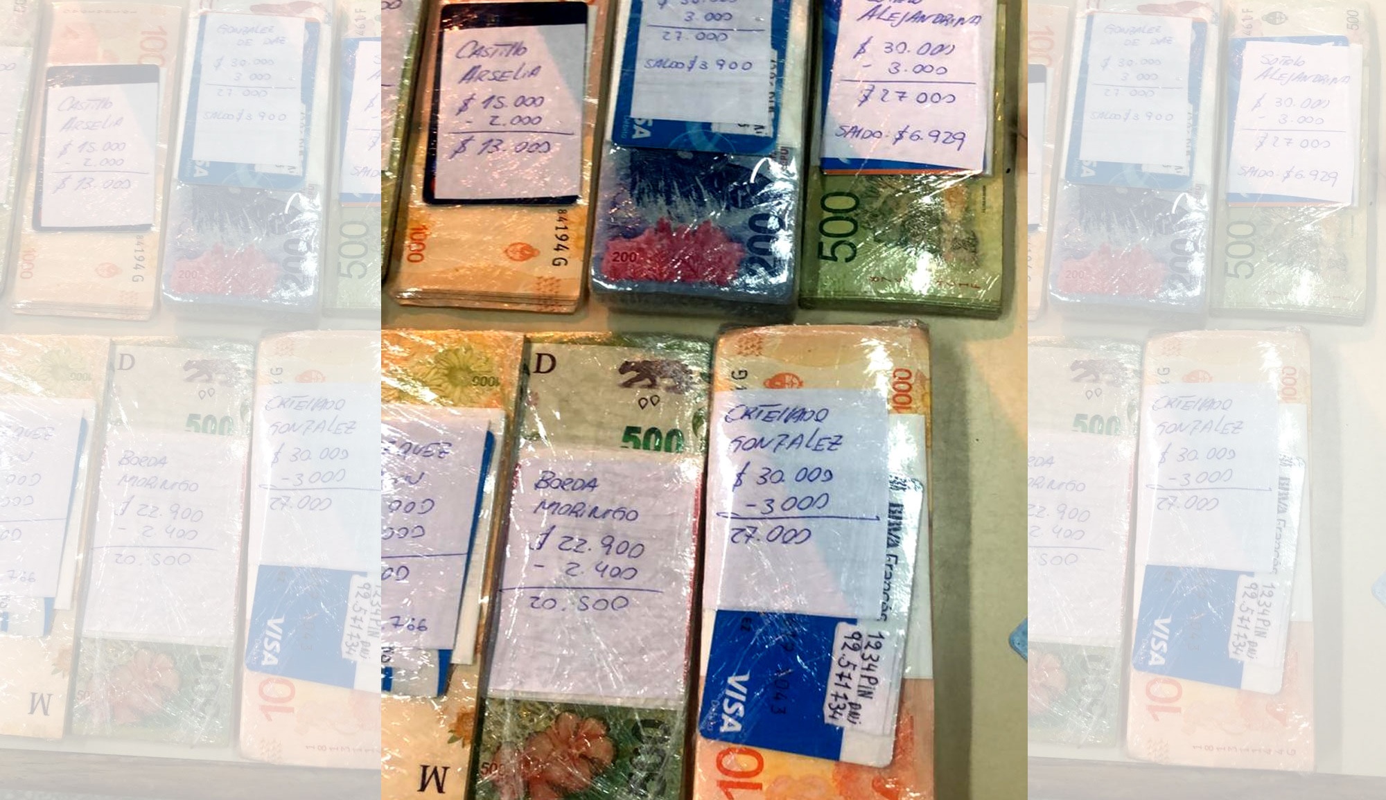 PROLIJOS. Cada “cobro” estaba en fajos envueltos con film plástico y discriminado por nombre y apellido, tarjeta de extracción respectiva y un papel con el monto solicitado y la presunta “comisión” de tres mil pesos por cada operatoria realizada en cajeros del centro de Posadas. Según el conteo preliminar el total descubierto no superó los 600 mil pesos.
