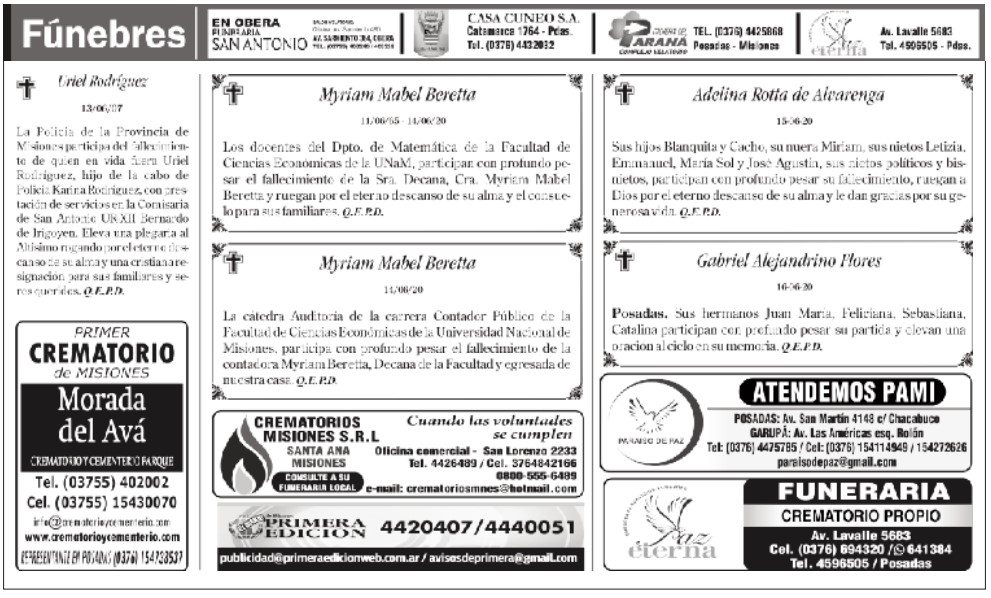 Fúnebres del miércoles 17 de junio de 2020