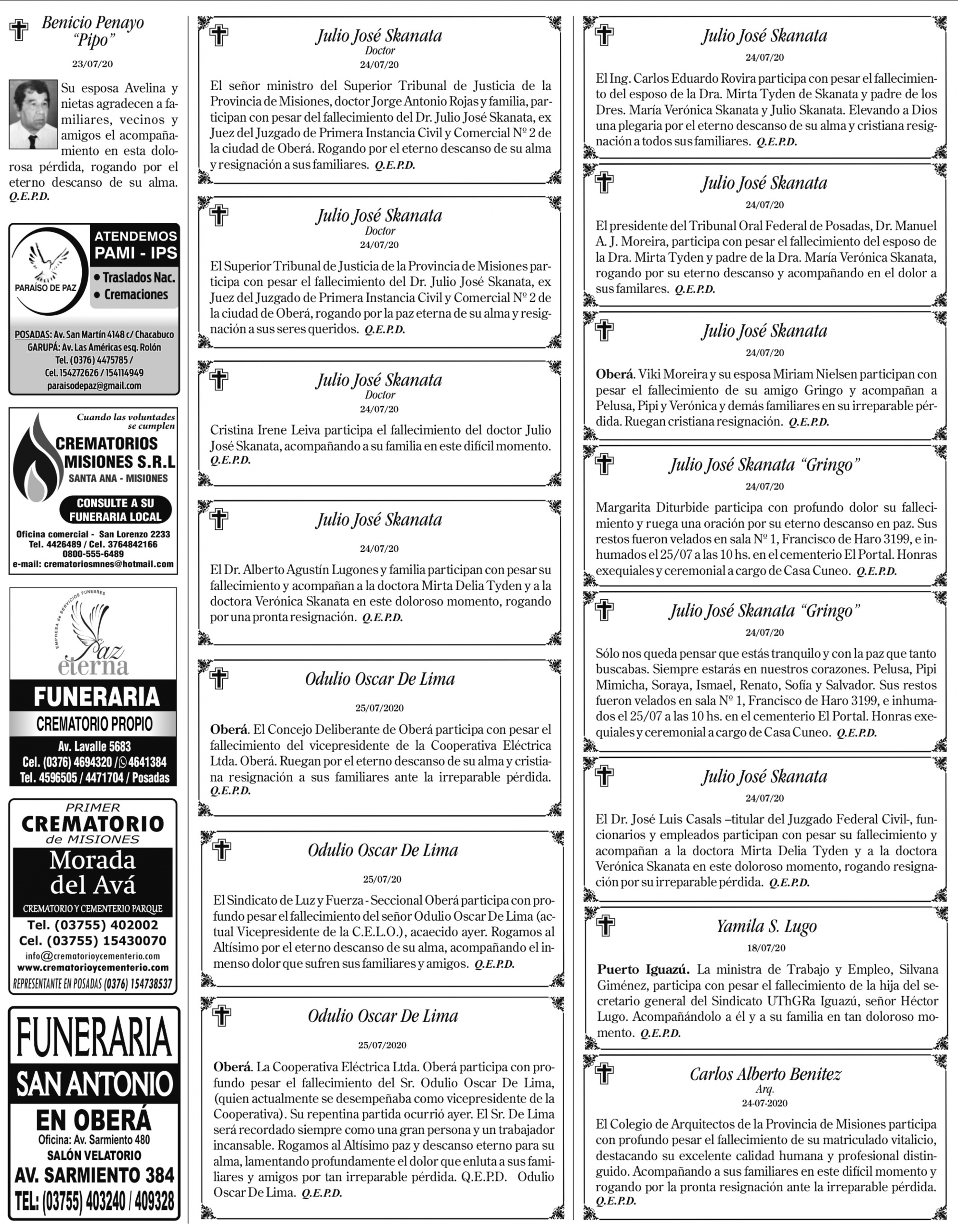 Fúnebres del domingo 26 de julio de 2020