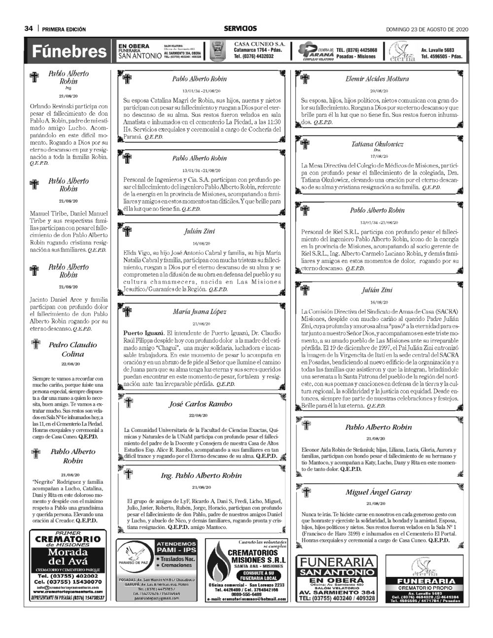 Fúnebres del domingo 23 de agosto de 2020