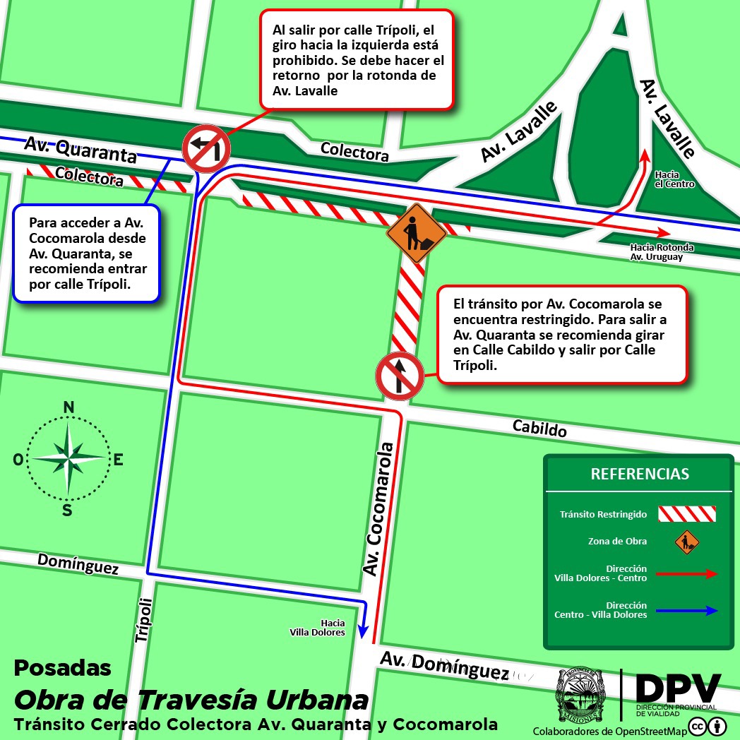 Por obras, permanecerá cortada la intersección entre Cocomarola y Quaranta
