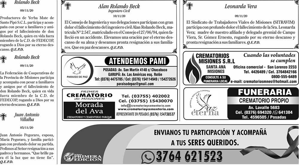 Fúnebres del miércoles 11 de Noviembre de 2020