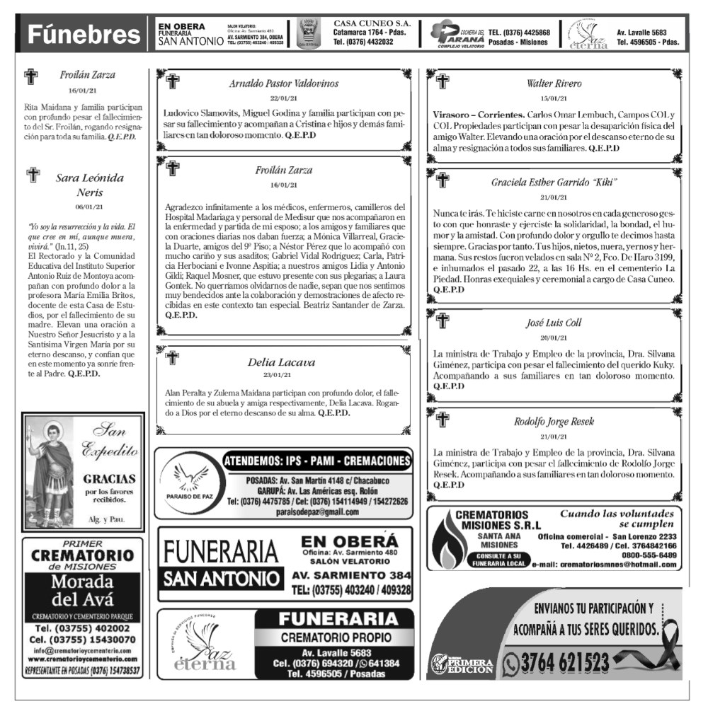 Fúnebres del domingo 24 de enero de 2021