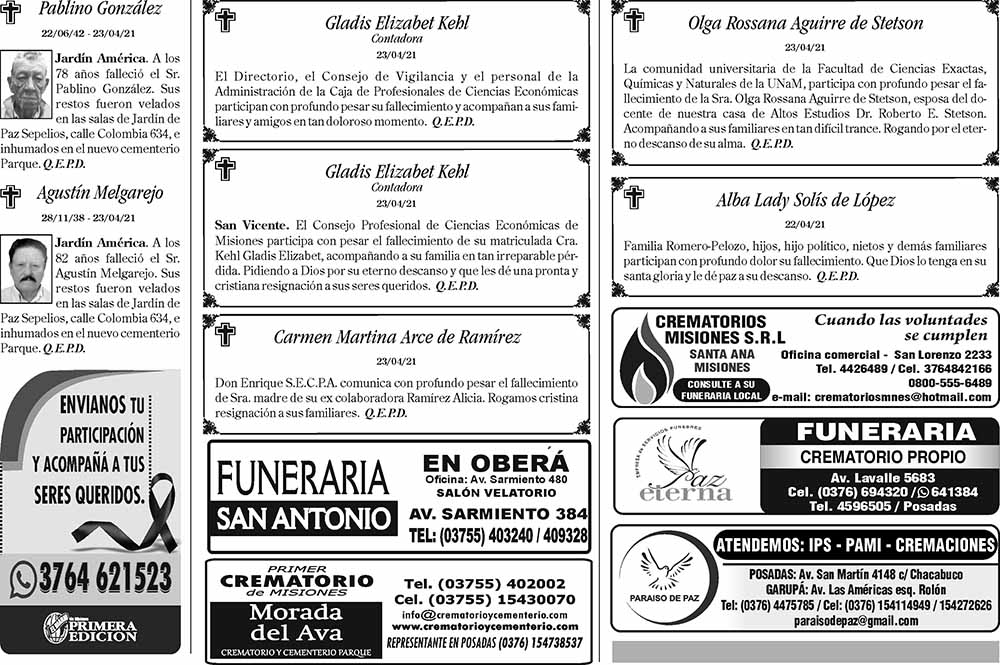 Fúnebres del sábado 24 de abril de 2021