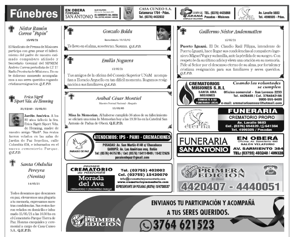 Fúnebres del domingo 16 de mayo de 2021