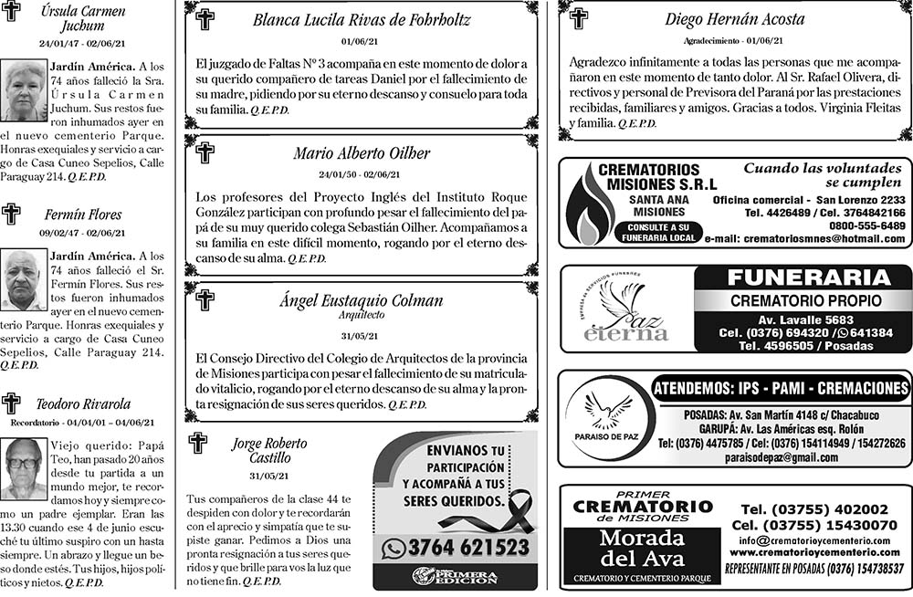 Fúnebres del viernes 4 de junio de 2021