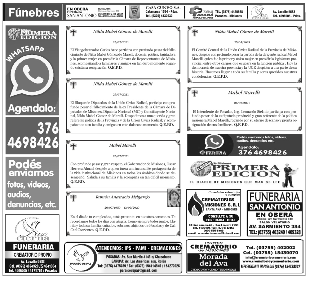 Fúnebres del lunes 26 de julio de 2021