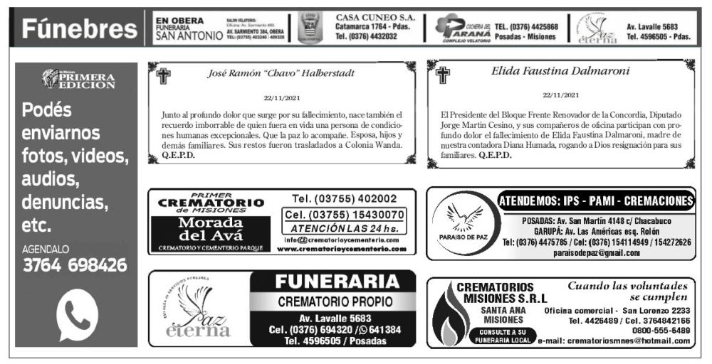 Fúnebres del martes 23 de noviembre de 2021