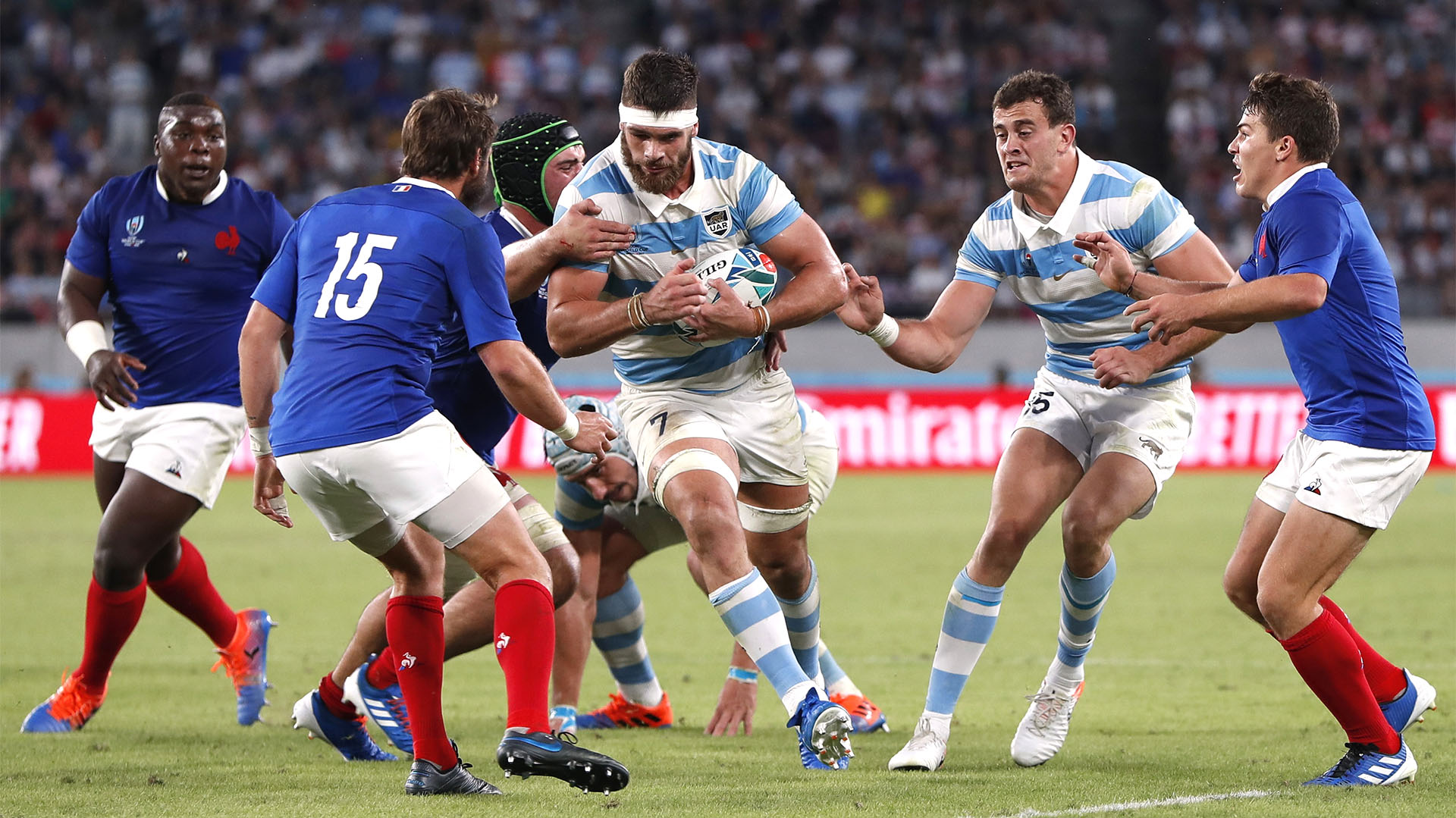 Rugby Union - Rugby World Cup 2019 - Pool C - France v Argentina - Tokyo Stadium, Tokyo, Japan - September 21, 2019 Argentina's Marcos Kremer in action with France's Maxime Medard REUTERS/Issei Kato