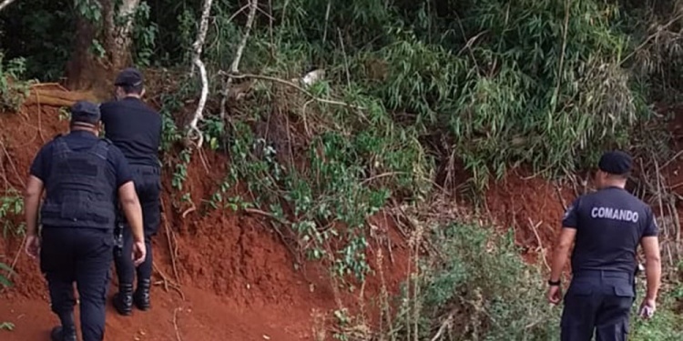 MONTES Y CHACRAS. Las patrullas de la Unidad Regional VIII recorren zonas de vegetación cerrada y caminos próximos al sitio donde hallaron la camioneta Fiat Toro.