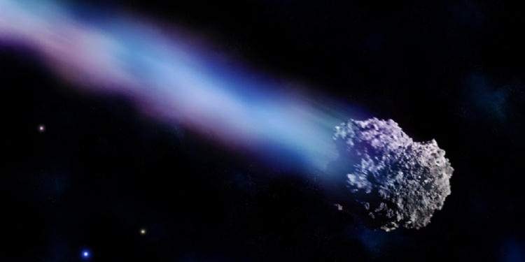 Comet with colorful tail travelling in deep space at high speed.