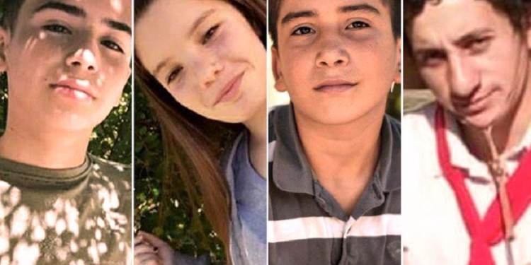 LAS VÍCTIMAS. Danilo Sansone (13), Camila López (13), Gonzalo Domínguez (14) y el misionero Aníbal Suárez (22).