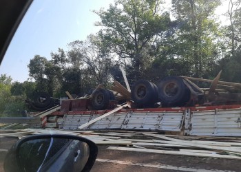 Camión volcó con carga de madera sobre la ruta 12 a la altura de Capioví