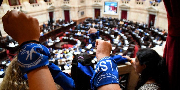 En el recinto se colocaron pañuelos azules con inscripción "Lengua de Señas Argentinas"