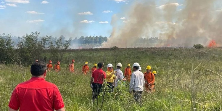 COMBATE. Brigadistas y bomberos atendieron el martes un incendio desatado en la zona del barrio Santa Helena de Garupá. (Foto: Gentileza Ministerio de Ecología de Misiones)