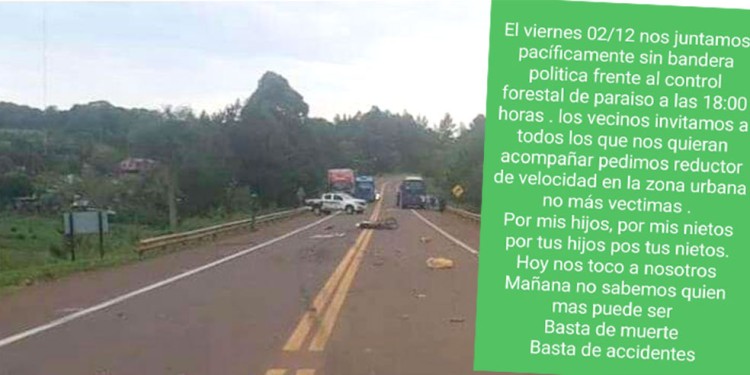 TRÁGICO. El accidente que le costó la vida al esposo de Marisa Bone, Jorge Kotula, hace una semana.  Con este cartel en las redes sociales, los vecinos organizadores de esta movida, invitan a los demás a sumarse al pedido de una ruta “más segura” para los pobladores de Terciados Paraíso, cercano a San Pedro.