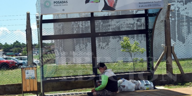 REFUGIO. El muchacho se refugiaba del sol bajo una parada de colectivos.