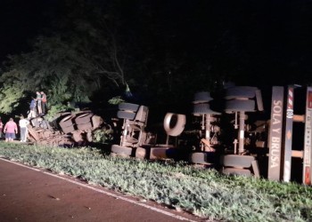 Camión cargado con rollos de pino despistó y volcó