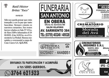 Fúnebres del lunes 20 de febrero de 2023