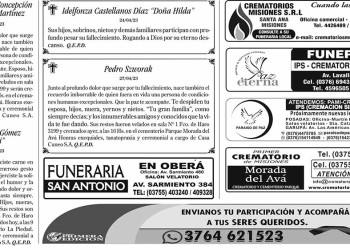 Fúnebres del Sábado 29 de Abril de 2023