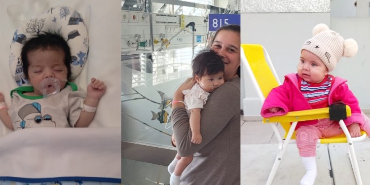 BEBÉS GUERREROS. (De izq. a der.) Mateo, Julieta y Emma, los pequeños que luchan por seguir adelante junto a sus padres y todo el equipo médico.