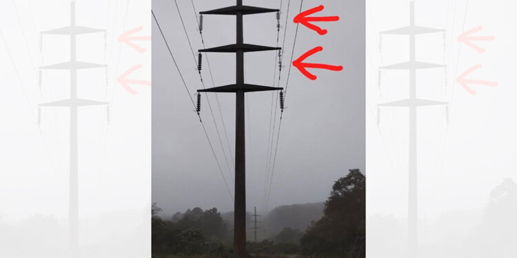 ¿INTENCIONAL? En la foto, proporcionada por Energía de Misiones, se marca el lugar y la gran altura en que fueron dañados los aisladores.