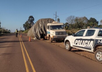Camión volcó parcialmente carga de 25 mil kilos de yerba mate sobre la ruta 9