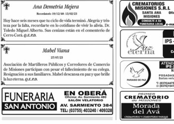 Fúnebres del Domingo 13 de Agosto de 2023