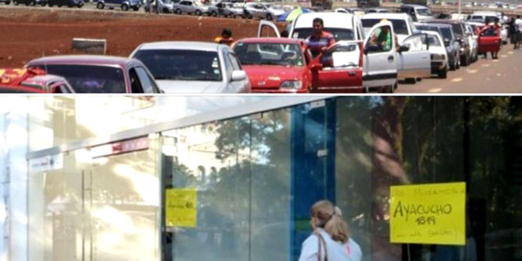 FILAS A PARAGUAY VS. LOCALES VACÍOS. Las imágenes que eligió Safrán para “graficar” a los comerciantes lo que podría suceder ante un triunfo de Bullrich o Milei.