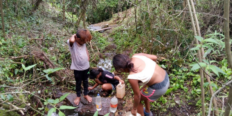 FALTANTE. El agua no llega a la aldea y tienen que buscar en un arroyo.