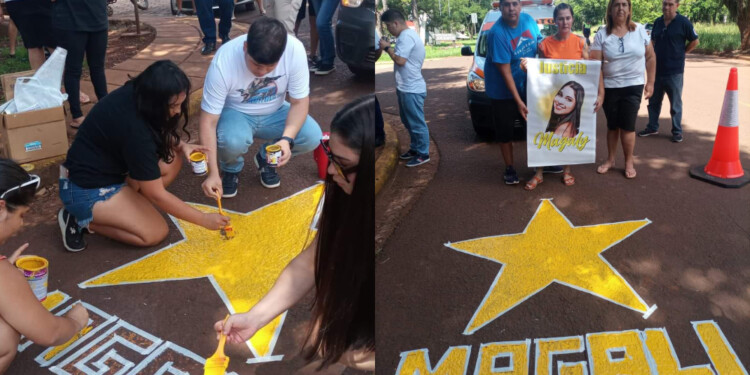 CONCIENTIZAR. Ayer se realizaron emotivas intervenciones. Se repintaron las "estrellas amarillas" de Magalí Arzamendia y Elías Rosas, ambos fallecidos en siniestro viales.