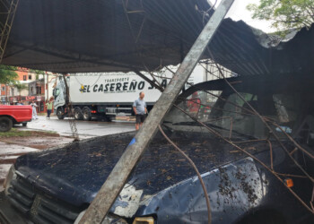 Camión enganchó un cable e hizo caer postes y un tinglado sobre un auto