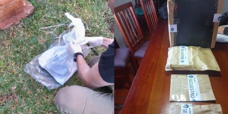 OCULTARON DISPOSITIVOS. Momento en que la SAIC descubrió la bolsa con las netbooks (izquierda) y todo lo secuestrado en la vivienda (derecha).