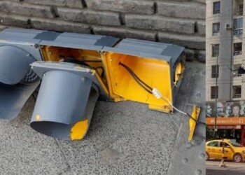 Caminaba por el centro y le cayó un semáforo en la cabeza