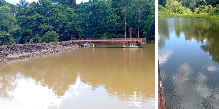 ATENTOS. Las tomas de agua con niveles muy bajos del embalse, operando y mirando al cielo.