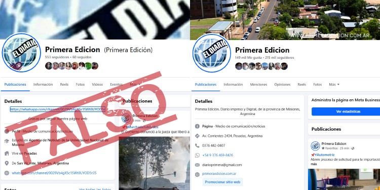 DIFERENCIAS. La página falsa tiene pocos seguidores en comparación con el Facebook original y aporta otros datos falsos en su información.