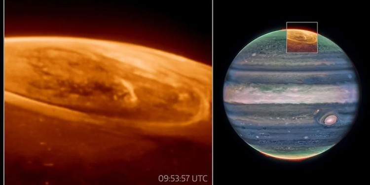 Las auroras de Júpiter a una longitud de onda de 3,35 micras fueron captadas con la cámara de infrarrojo cercano del telescopio James Webb. (Foto NASA)