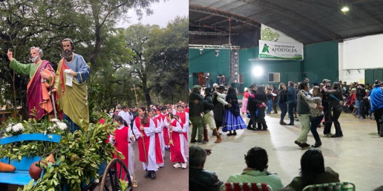 A PLENO. El sábado por la noche se realizó el festival en la Expo Yerba en honor a San Pedro y San Pablo. Hoy las imágenes recorrieron las calles en procesión. (Fotos A.Smialkowski).