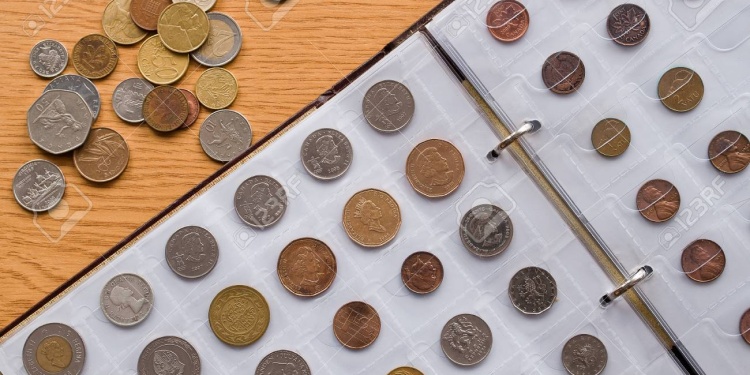 Page of numismatics album with different coins