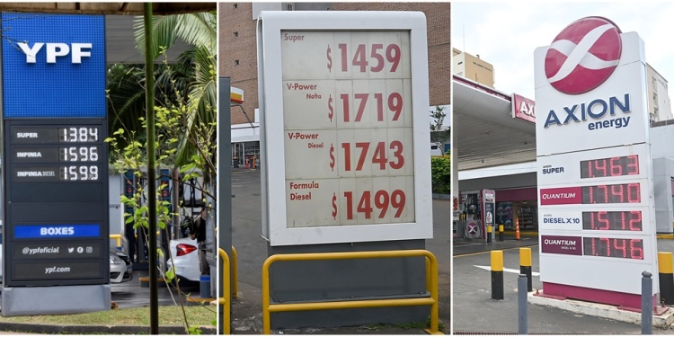 MÁS COMPETENCIA. Así estaban los valores el sábado de las estaciones de YPF, Shell y Axion. Las de YPF varían según la demanda.