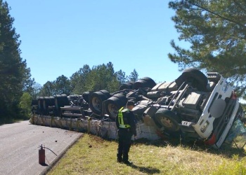 Camión con placas de madera volcó en Dos de Mayo