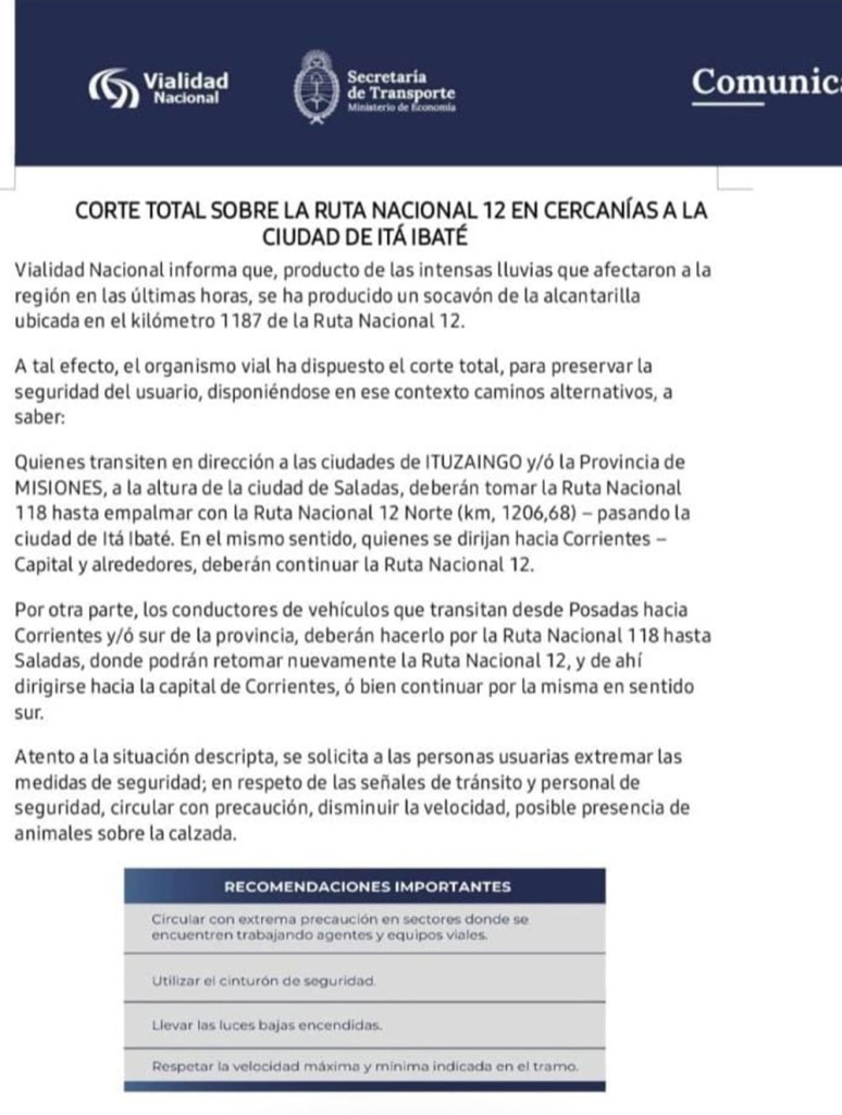 Alerta vial: socavón obliga al corte total de la ruta nacional 12 cerca ...