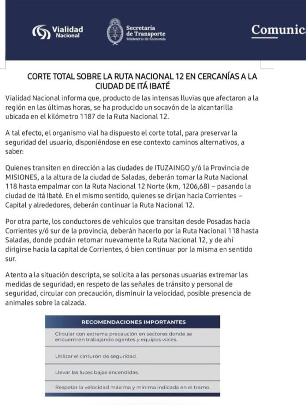 Alerta vial: socavón obliga al corte total de la ruta nacional 12 cerca ...