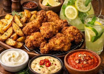 Pollo frito bien crocante, papas rústicas y limonada casera: el combo perfecto para un finde