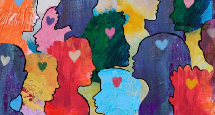Group of  loving diverse people profile view