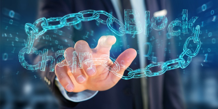 View of a Blockchain title with a cahin made of data number - 3d render